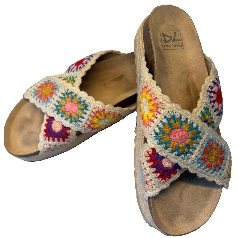 Dirty Laundry Plays Boho Crochet Granny Square Platform Sandals Multi Womens 10